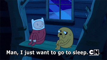 TV gif. Jake the dog and Finn the human in Adventure Time sit near each other in a dark room as Finn looks concerned towards Jake. Text, "Man, I just want to go to sleep."