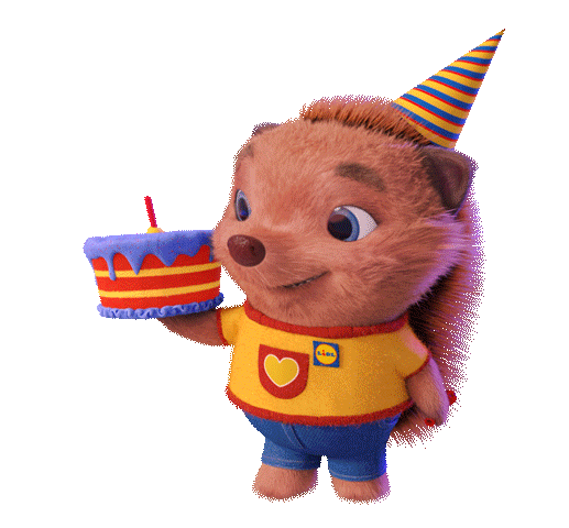 Gif přání k svátku s veselým animovaným ježkem, držícím dort a foukajícím na narozeninovou frkačku.