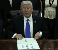 Political gif. Donald Trump sits at a desk with people surrounding him. He holds up a folder that has been replaced to say, “This is not an actual executive order.”