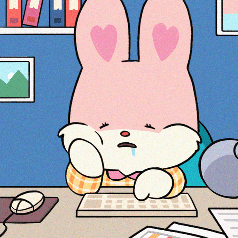 Cartoon gif. A pink rabbit named Muffin, from Muffin and Nuts, tapping on a computer keyboard while dozing off, head in hands and drooling.