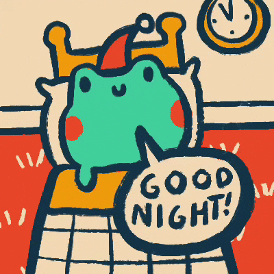 Illustrated gif. A cute frog with a sleeping cap on is tucked in bed and looks very cozy while telling us, "Good night!"
