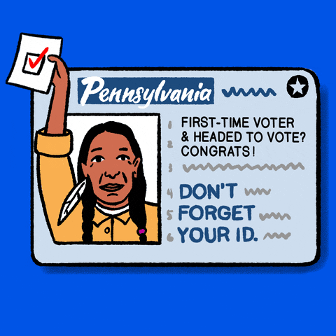 Digital art gif. Pennsylvania identification card against a bright blue background flashes four different profiles, holding up a ballot, including a Native American man, a White woman, a Black woman, and a Latinx man. The ID card reads, “First-time voter & headed to vote? Congrats! Don’t forget your ID.”