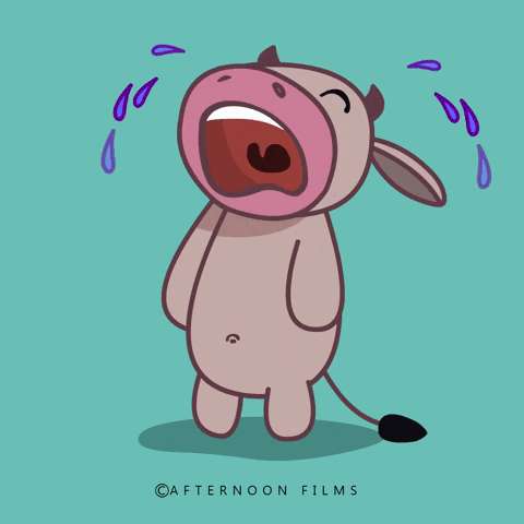 Illustrated gif. Gray cow with horns stands up with its back legs. The cow cries with tears spraying out of each eye like a sprinkler. It wails loudly with its mouth open.