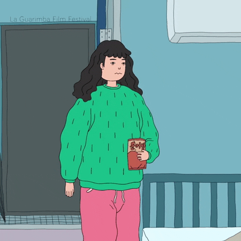 Illustrated gif. A girl wearing a sweater and holding a bag of chips, walks, almost zombie-like into the room and falls backward into bed with a graceful thump.