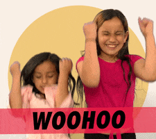 Video gif. Two excited little girls pump their fists victoriously. Text, "Woo Hoo!"