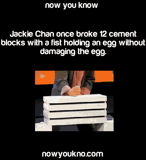 Celebrity gif. Jackie Chan smashes a series of cement blocks with his fist. Text surrounding the video reads, "Now you know. Jackie Chan once broke 12 cement blocks with a fist holding an egg without damaging the egg. NowYouKno.com"