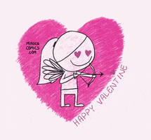 Illustrated gif. A woman with cupid wings and a bow and arrow stands inside a scribbled pink heart. She stares with heart eyes and a wide smile. Text reads, "Happy Valentine."