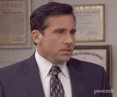 The Office gif. Steve Carell as Michael wears a suit and angrily shouts, "No! No! God please! No! No!"