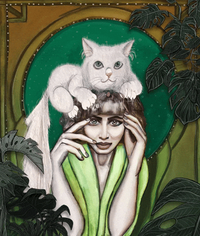 Digital art gif. Art Nouveau style frame with tropical plant leaves and a brunette woman posed in the center, whose eyes pop out of socket while a fluffy white cat on top of her head scratches her hair.