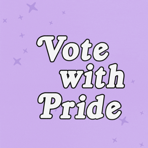 Digital art gif. Rainbow swoops in, glittering on a lavender background, groovy 3D letters front and center read, "Vote with pride."