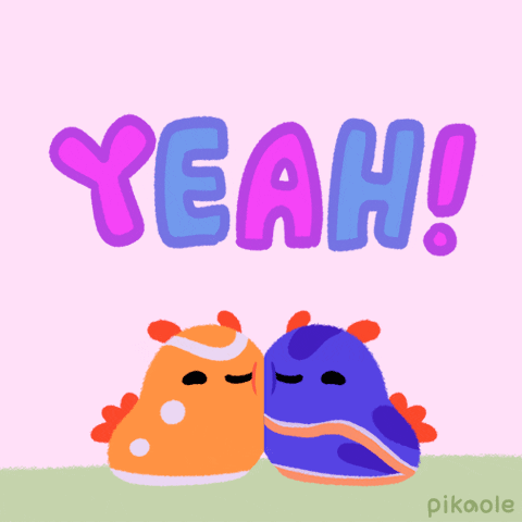 Cartoon gif. Two cute, smiling blob creatures, one orange, one blue, bump against each other as they rock back and forth. Above them, the text "Yeah!" appears and disappears in a burst of simple yellow lightning bolts.