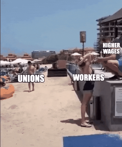 Meme gif. At the beach, a man attempts to lift a woman from the ground onto a large concrete step by her armpits. Seeing them struggle, a second man runs up and helps lift the woman from the ground. The first man is labeled "higher wages," the woman is labeled "workers," and the second man is labeled "unions."