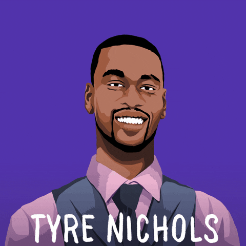 Text gif. Painted graphic of Tyre Nichols with stylized letters reading "Rest in power" against a purple background.