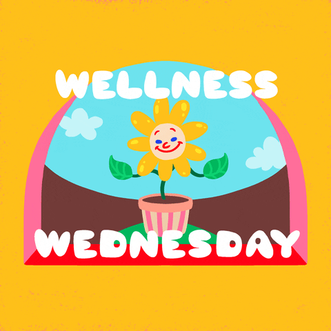 Digital illustration gif. Smiling sunflower in a pot sways back and forth against a bright blue cloudy sky against a yellow background. Text reads, "Wellness Wednesday."