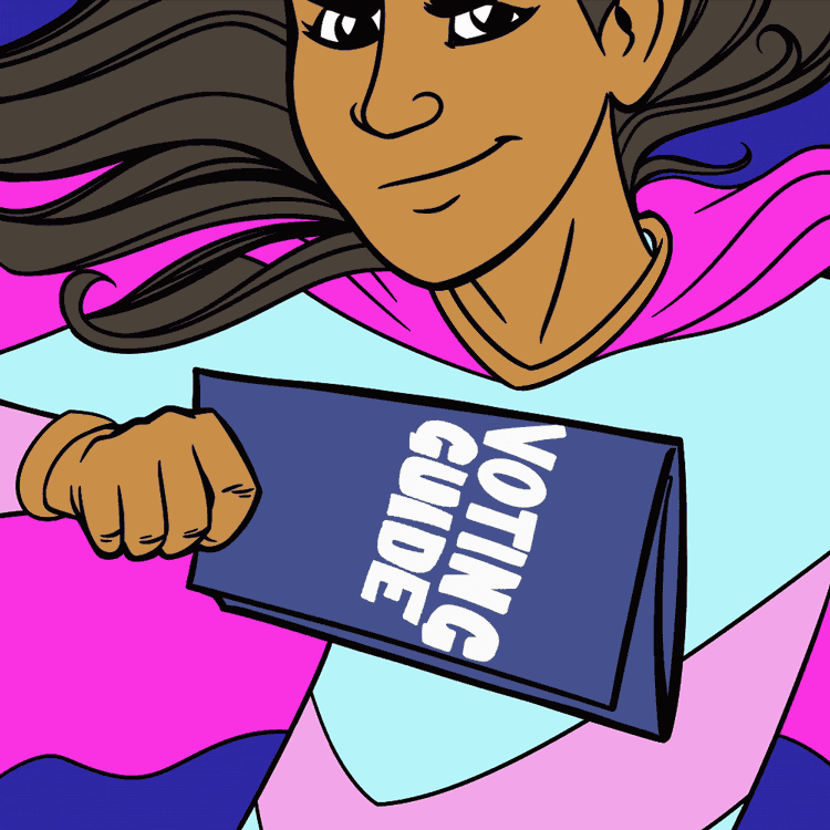 Digital art gif. Woman with a determined expression in a superhero costume holds up a voting guide. She spins around and lifts the guide into the air as the wind blows her hair and her pink cape behind her, and orange and blue lines shoot in all directions against a blue background. She rests one foot on a block that reads, “Power to the polls.”