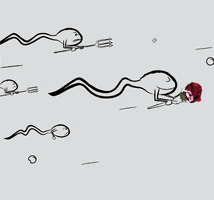 Illustrated gif. Sperm cell smiles peacefully, holding a bundle of flowers, swimming fast and leading a pack of determined sperm cells holding tridents.