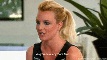 Celebrity gif. Britney Spears looks at someone seriously as she says, “Do you have anymore tea?”