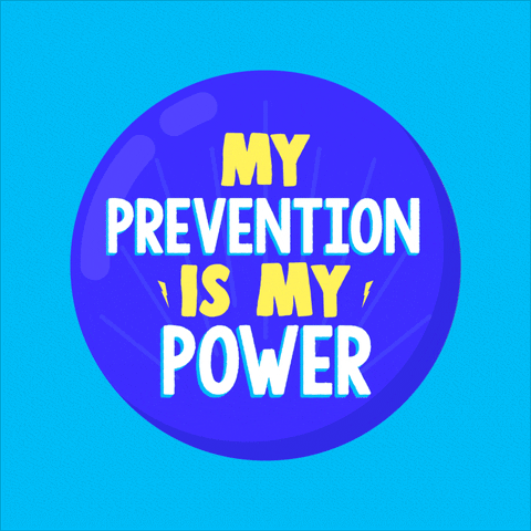 Digital art gif. Animation of a shiny blue button rocks slowly back and forth, with text on it that reads, "My prevention is my power," yellow lightning bolts surrounding the text, everything against a blue background.