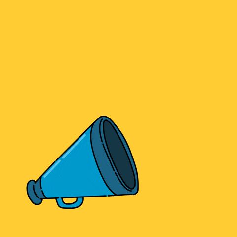 Digital art gif. Shouting lines burst from a blue megaphone against a yellow background. A speech bubble emerges from the megaphone that reads, “Their lies and chaos won’t scare us! Our voices will be heard!”