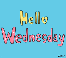 Text gif. Pastel yellow and pink text that pulses against a blue backdrop reads, "Hello Wednesday."