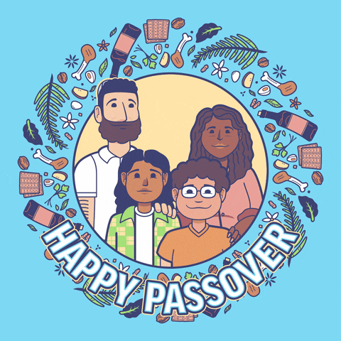 Digital art gif. Inside a circle bordered by illustrations of Passover related items like wine, Matzah, and apples is an illustration of a family standing together and smiling happily. Text, "Happy Passover."