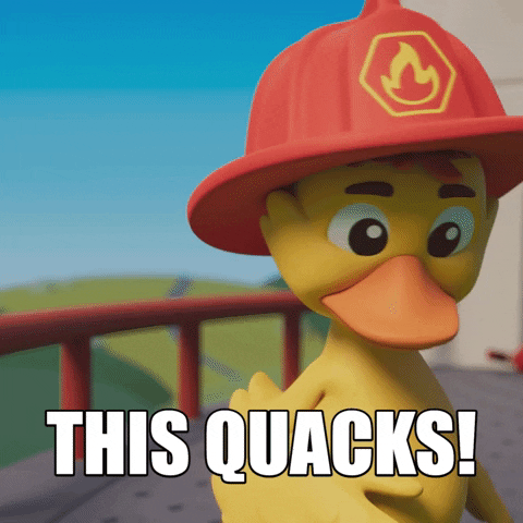 Cartoon gif. Freddy Fire, a yellow duck with a firefighter hat on, from Duck on Call swings his wing in frustration as he says, “This quacks!”