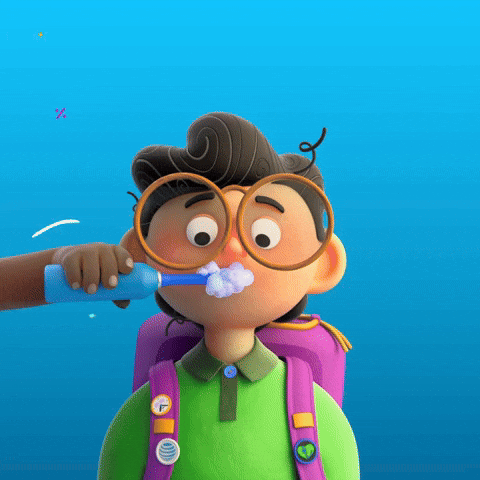 Cartoon gif. A young boy with big round glasses and a purple backpack stands still looking a bit overwhelmed as other people's hands reach in from all sides to brush his teeth and put school supplies into his backpack with that first day of school energy.