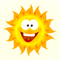 Digital illustration gif. Super friendly smiling sun waves hello at us, with orange and red radiant heat dancing around its center like flames. 