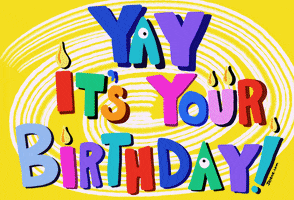 Text gif. A white swirled, neon background flashes with the colorful Text, There are white eyeballs in the "A's" and flames over certain letters. Text, "Yay It's Your Birthday!"