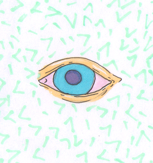 Illustrated gif. A teardrop falls from an eye that turns various shades of pink. We zoom in as a heart appears at the center, then breaks apart.