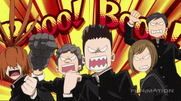 Anime gif. Students from My Hero Academia shout angrily and pump their fists up as they jeer. Text, “Booo! Booo!”