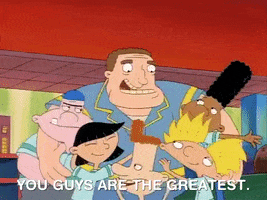 TV gif. Coach Wittenberg from the cartoon Hey Arnold hugs five kids all at once. Text, “You guys are the greatest.”