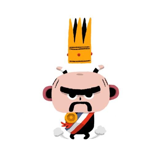Illustrated gif. Small man, with a mustache and straight black furrowed line as his eyebrows, jumps up and down like he’s having a temper tantrum. His tall crown pops up and down as he jumps up and down.