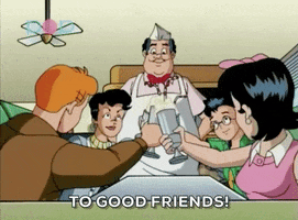 Cartoon gif. Characters in Archie's Weird Mysteries sit in a booth and cheers with fountain glasses as they say, "To good friends!" A soda jerk in a paper hat and apron smiles down at them from behind.