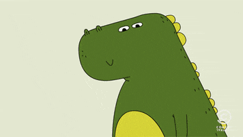 Cartoon gif. A smiling T-rex holds up its tiny arms to suggest a hug. A second T-rex bashfully covers its face with its tail. As the T-rexes hug, a volcano in the background erupts, and red lava rises from the bottom of the frame to cover everything.