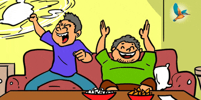 Illustrated gif. Two friends sit on a couch and cackle in pleasure and celebration. One friend swings a pillow in happiness while the other waves his hands in the air. 