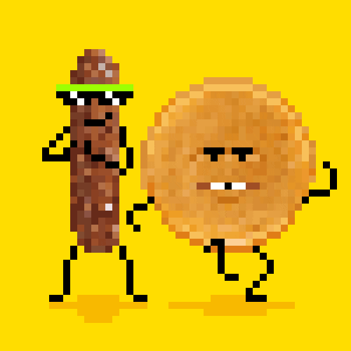 Illustration gif. Pixel-art sausage with arms and legs, wearing sunglasses, dances and smirks next to a pancake marching in place with a straight face.