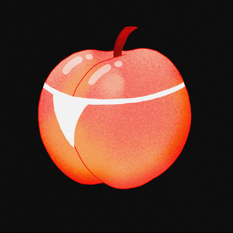 Illustrated gif. Pink and orange shiny peach wearing white thong underwear.
