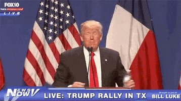Politics gif. Donald Trump slides a water bottle across the podium, poses as if to drink and then tosses it.