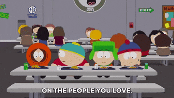 At the school cafeteria, Eric Cartman says, "Dude people are pissed off at us." Kenny McCormick makes muffled sounds of agreement. Then Kyle Broflovski says, "Doesn't anyone understand the significance of 'I'm sorry' anymore?" Cartman nods, "Yeah, well said, Kyle. Good point." Kyle continues, "What happened to the significance? Well, I guess let's just be-"