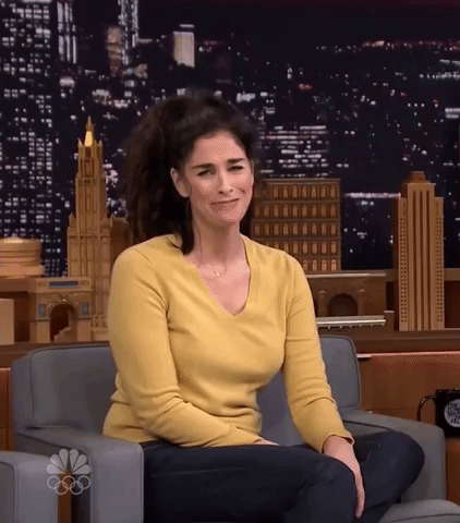 The Tonight show gif. Sarah Silverman laughs and covers her face with her hand, and then looks over at Jimmy with a smile.
