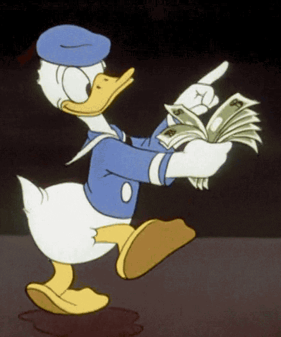 Disney gif. Retro animation of Donald Duck walking along happily while counting money.