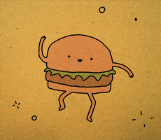 Digital art gif. A cheeseburger has long arms extending from the top bun and legs from the bottom bun and they're dancing around.