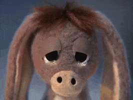 Stop-motion gif. Tears are welling up in Nestor the Long-Eared Christmas Donkey's eyes.