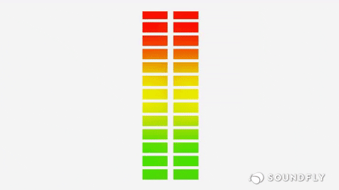 GIF of audio meters moving up and down with animated speakers on the left and right.