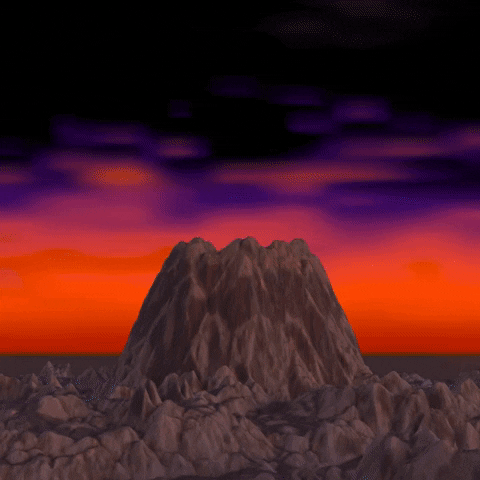 Digital art gif. A volcano erupts rainbow molten lava that sprays everywhere and down the side of the mountain. 
