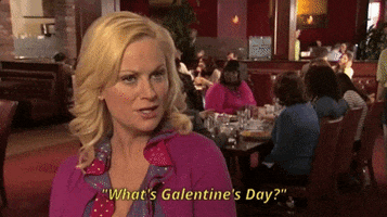 Parks and Recreation gif. Amy Poehler as Leslie is being interviewed in a restaurant. She's wearing a pink cardigan and she coyly looks up and says, "What is Galentine's day? Oh, it's only the best day of the year!"