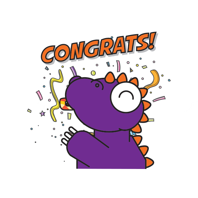 Kreslený pohyblivý obrázek s fialovým dráčkem foukajícím do narozeninové frkačky s nápisem "Congrats!". 