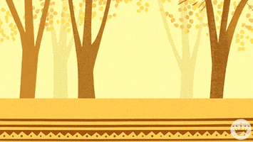 Cartoon gif. A cartoon turkey runs across the frame in front of an illustrated forest from left to right leaving footprints behind. It runs back through the trees in the background from right to left. The trees sway from side to side as if in the wind. 