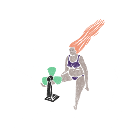 Cartoon gif. An animation of a woman in her bra and underwear sitting on the floor in front of a fan, her orange hair blowing out behind her as she finds relief from heat.